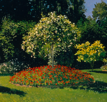 Impressionist painting of a woman in a light dress walking through a garden