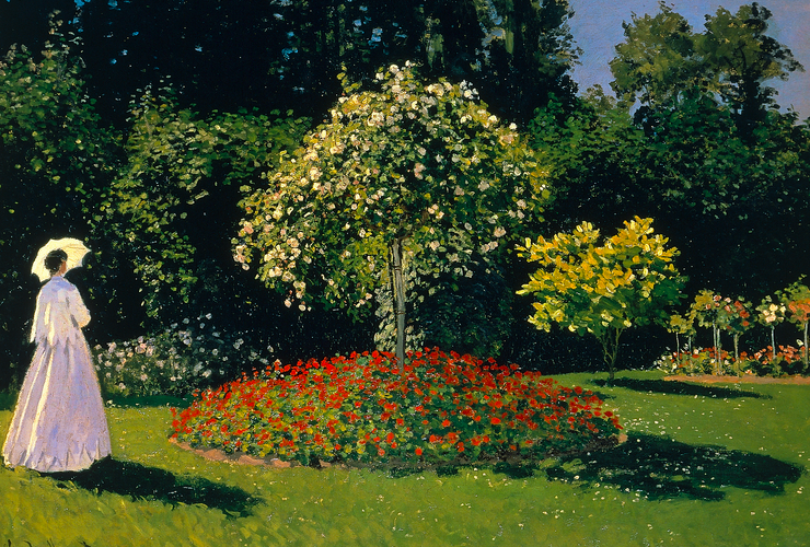 Impressionist painting of a woman in a light dress walking through a garden