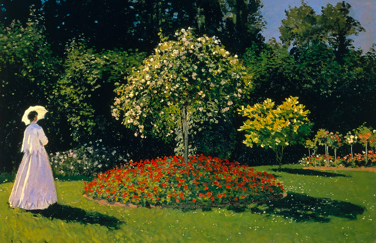 Impressionist painting of a woman in a light dress walking through a garden