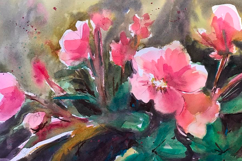 Watercolor of pink african violets