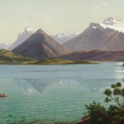 Painting of a lake with a snowy mountain in the distance