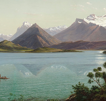 Painting of a lake with a snowy mountain in the distance