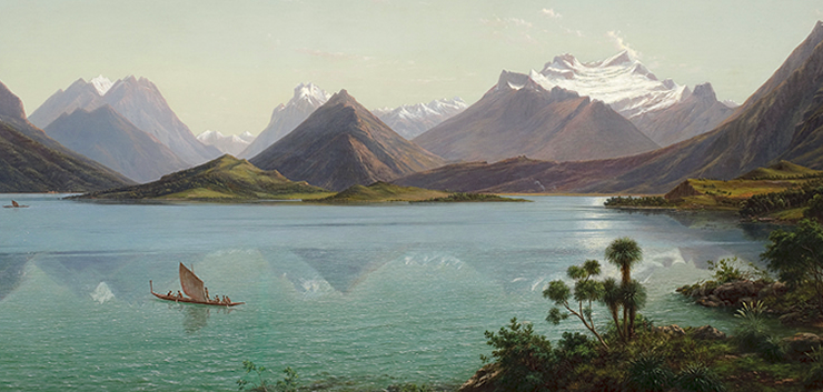 Painting of a lake with a snowy mountain in the distance