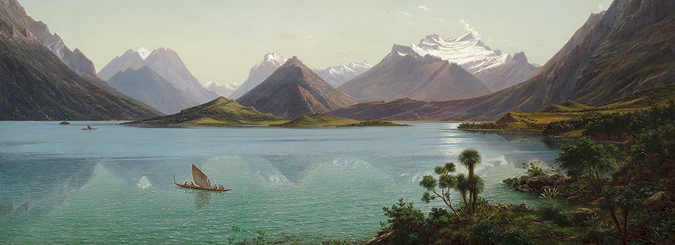 Painting of a lake with a snowy mountain in the distance