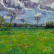 Impressionist painting of a field of flowers under grey storm clouds