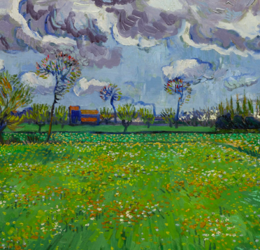 Impressionist painting of a field of flowers under grey storm clouds
