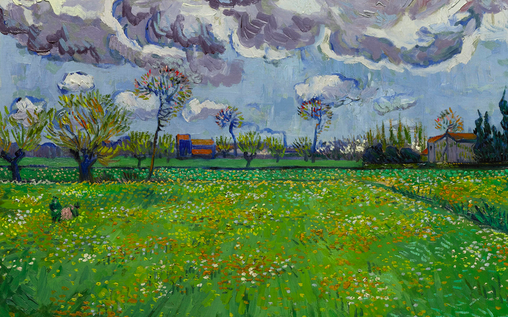 Impressionist painting of a field of flowers under grey storm clouds