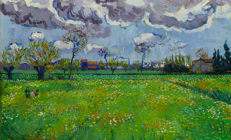 Impressionist painting of a field of flowers under grey storm clouds