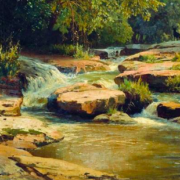 Painting of a creek with large boulders