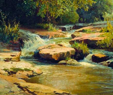 Painting of a creek with large boulders