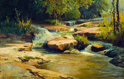 Painting of a creek with large boulders