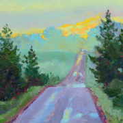 Oil painting of a road with pine trees along the road