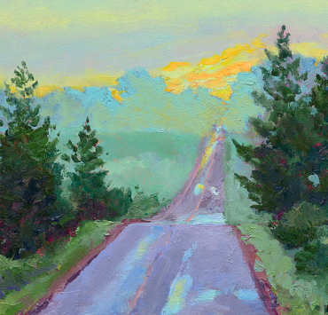 Oil painting of a road with pine trees along the road