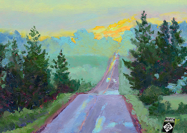 Oil painting of a road with pine trees along the road
