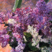 Painting of a lilac bouquet in a windowsill