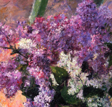 Painting of a lilac bouquet in a windowsill