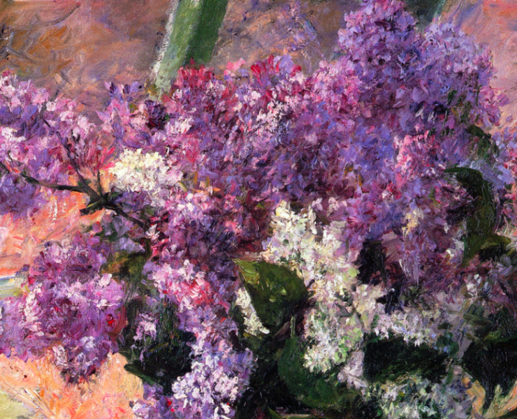 Painting of a lilac bouquet in a windowsill