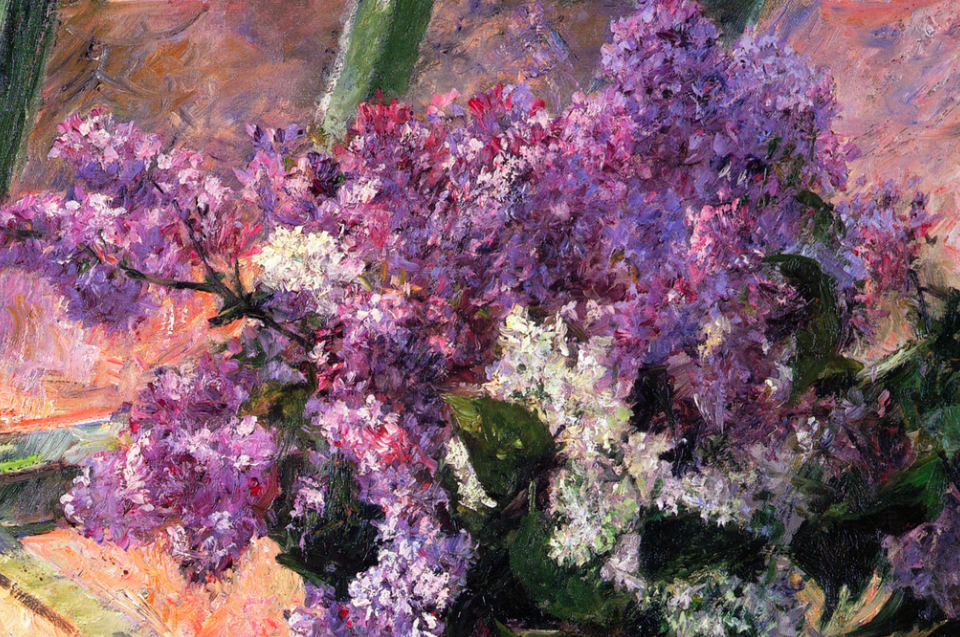 Painting of a lilac bouquet in a windowsill
