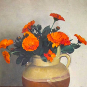 Painting of orange marigolds in a vase