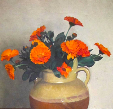 Painting of orange marigolds in a vase