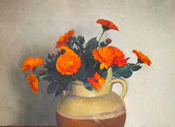 Painting of orange marigolds in a vase