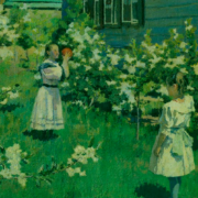 Painting of two girls in white dresses playing catch among white flower