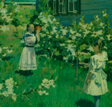 Painting of two girls in white dresses playing catch among white flower