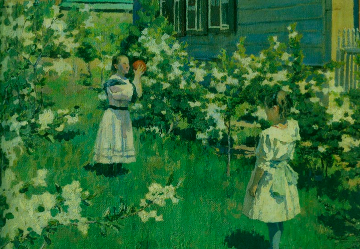 Painting of two girls in white dresses playing catch among white flower