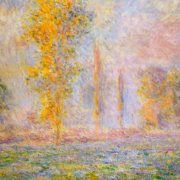 Impressionist painting of a meadow at sunrise