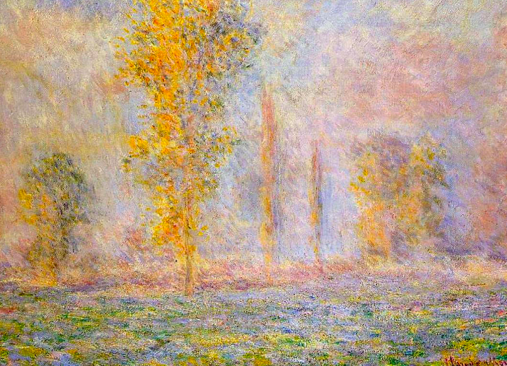 Impressionist painting of a meadow at sunrise
