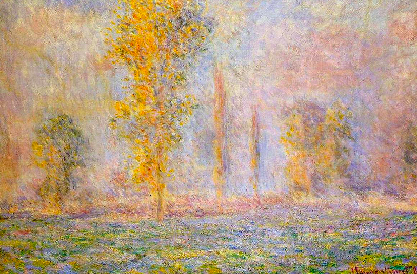 Impressionist painting of a meadow at sunrise
