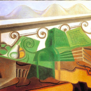 Cubist painting of a window with pink curtains and green hills in the background