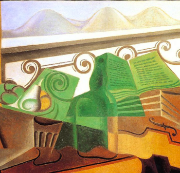 Cubist painting of a window with pink curtains and green hills in the background
