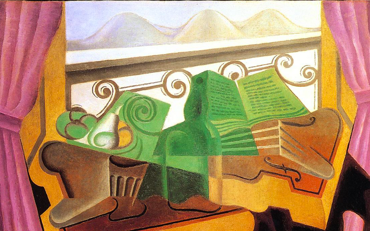 Cubist painting of a window with pink curtains and green hills in the background