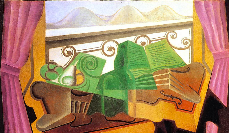 Cubist painting of a window with pink curtains and green hills in the background