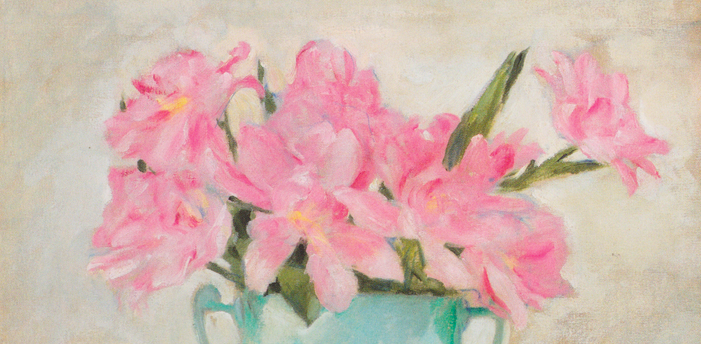 Painting of pink flowers in a vase