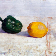 Painting of a green pepper and a lemon on a white tablecloth