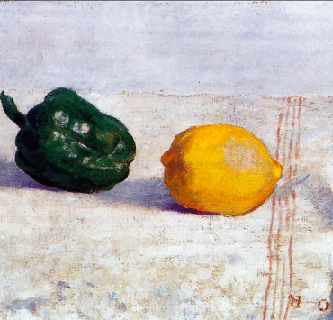 Painting of a green pepper and a lemon on a white tablecloth