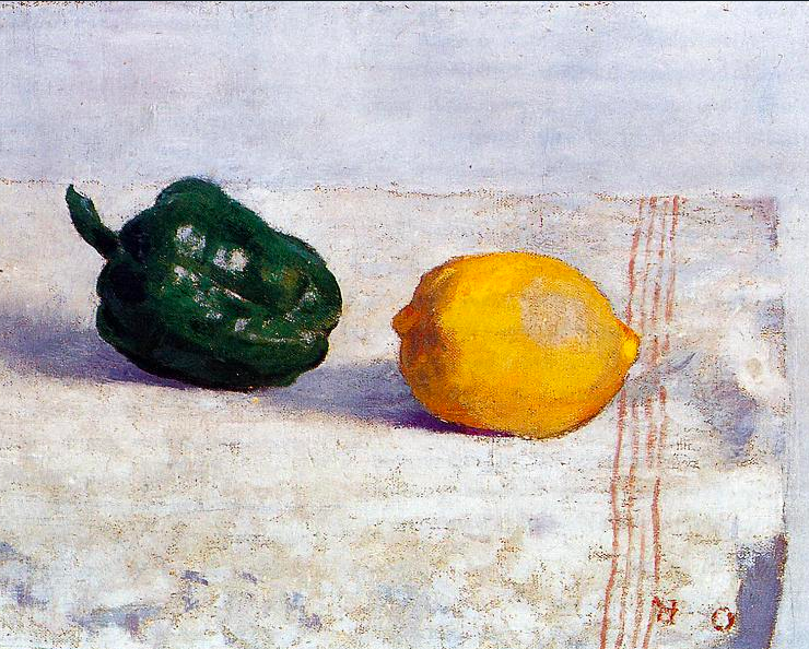 Painting of a green pepper and a lemon on a white tablecloth