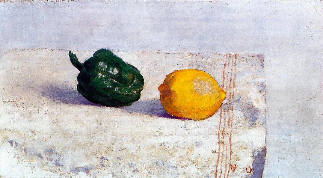 Painting of a green pepper and a lemon on a white tablecloth
