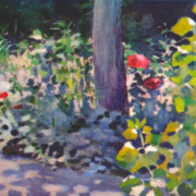 Painting of a garden with a single tree and red poppy flowers
