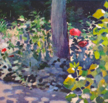 Painting of a garden with a single tree and red poppy flowers