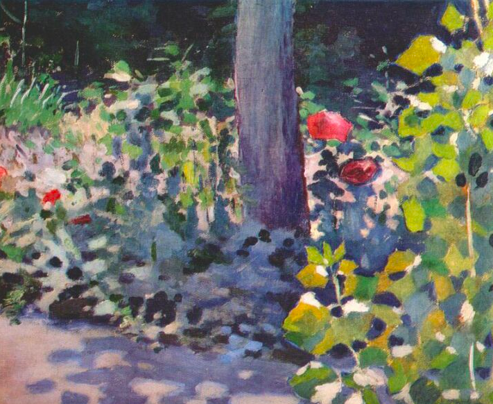 Painting of a garden with a single tree and red poppy flowers