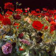 Oil painting of a field of poppies