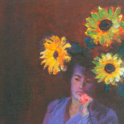 Impressionist painting of a woman sitting near a vase of three sunflowers