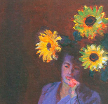Impressionist painting of a woman sitting near a vase of three sunflowers