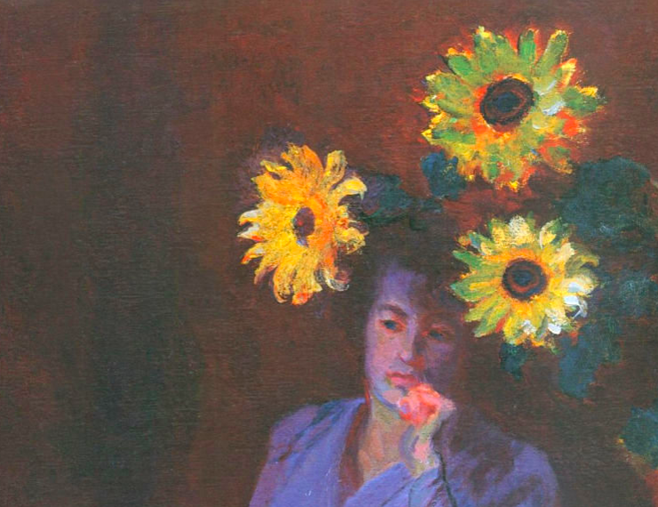 Impressionist painting of a woman sitting near a vase of three sunflowers
