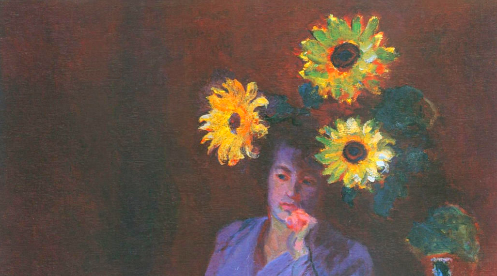 Impressionist painting of a woman sitting near a vase of three sunflowers