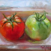 Painting of a red tomato and a green tomato