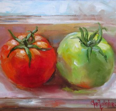 Painting of a red tomato and a green tomato